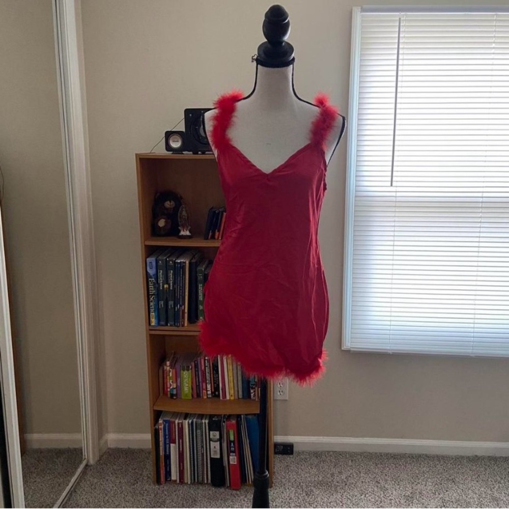 Dolls Kill Red Feather Trim Dress